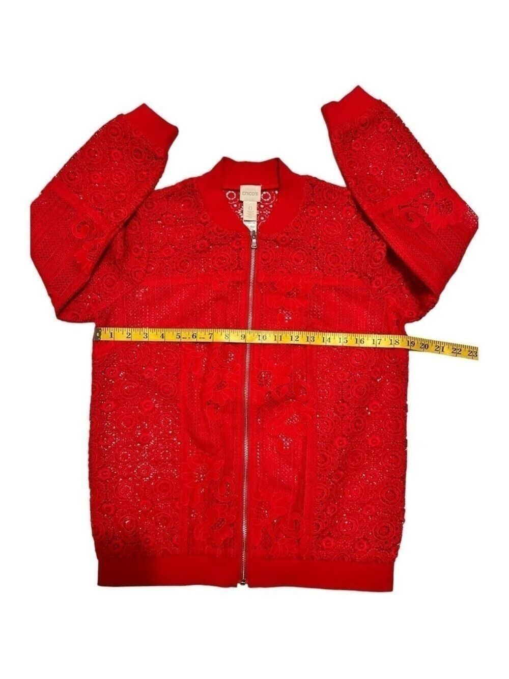 Chico’s Red Sheer Fancy Crochet Lace Blazer, Womens 4 - Chicos Size 0 BEAUTIFUL! - Picture 14 of 16